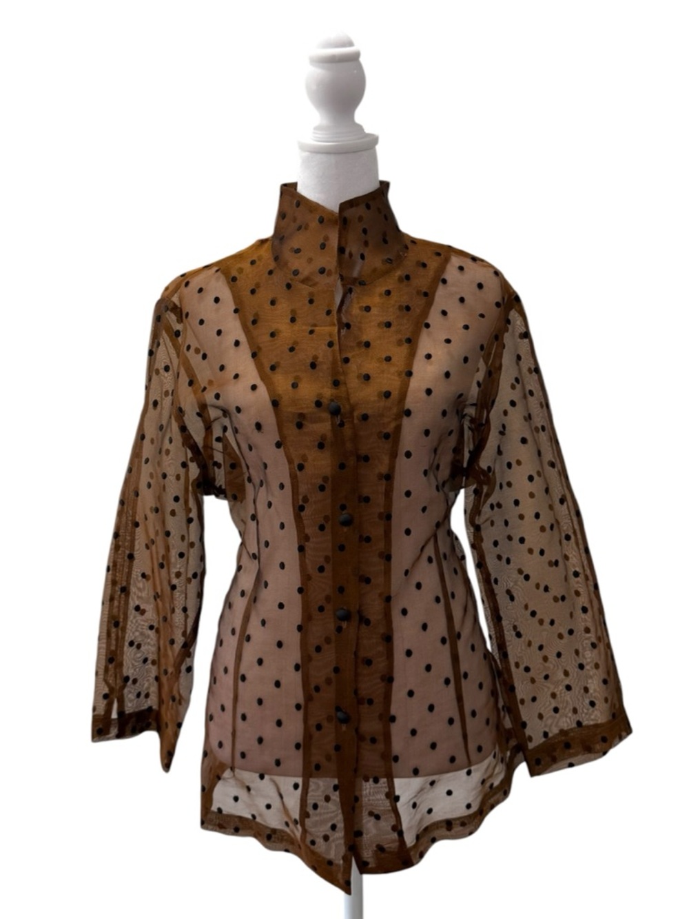 Sheer Polka Dot Organza Blouse | Elegant Brown Mesh Button Front Top Size Large